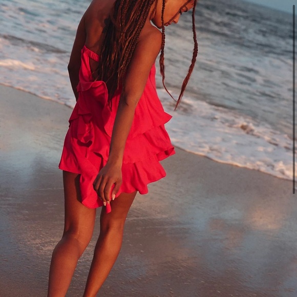 Free people red orange strapless layered + relaxed boho short sunsational set - Picture 3 of 10